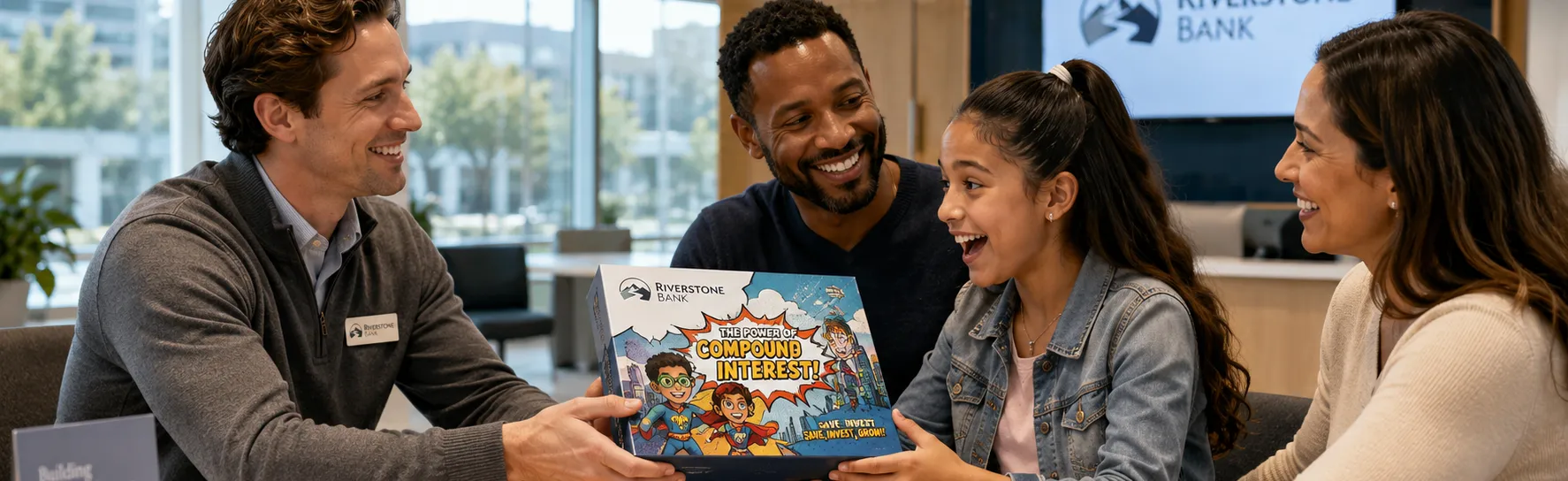 Bank Manager gives a custom board game to their new client, a family of 3, to each about compound interest.