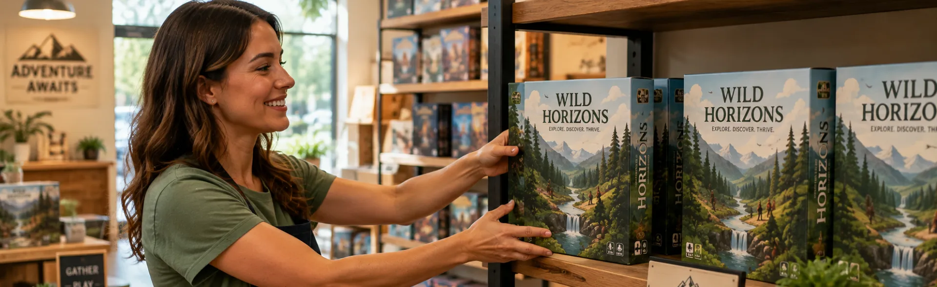 A woman stocks the shelves in her retail space with a custom branded board game.