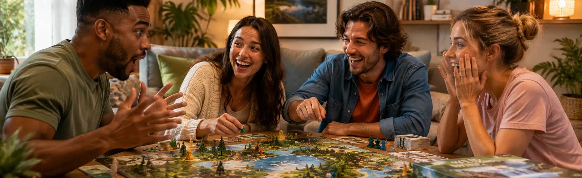 A group of four friends plays a custom branded board game in a living room setting. They are laughing in surprise.