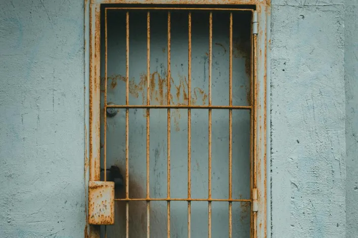 A weathered metal grilled door against a textured wall, capturing urban decay.