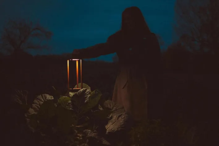 Silhouette of a woman with a lantern in a dark, moody garden setting at night.