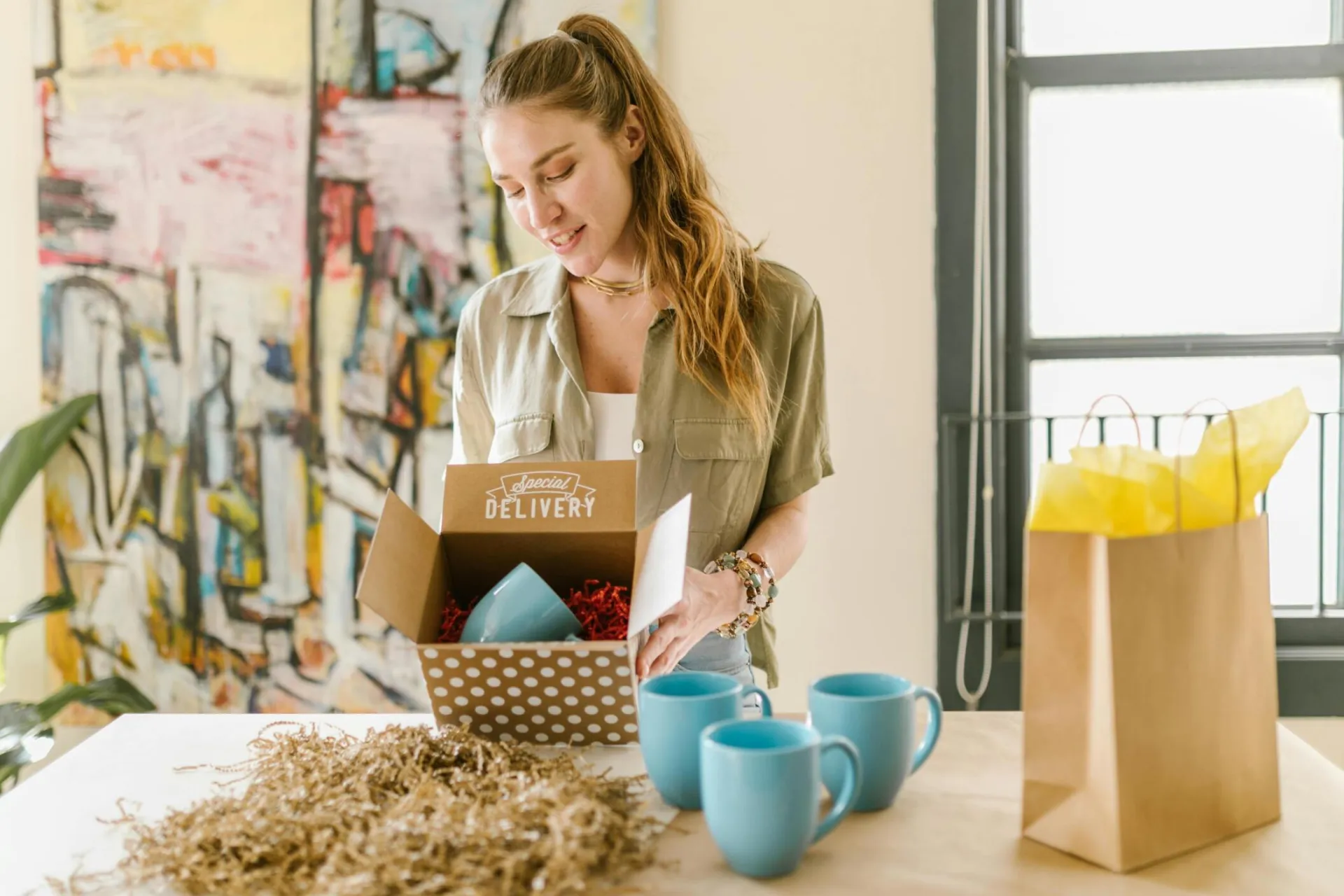 A Pop In Concierge unpacking a special delivery box containing blue mugs in a cozy indoor setting.