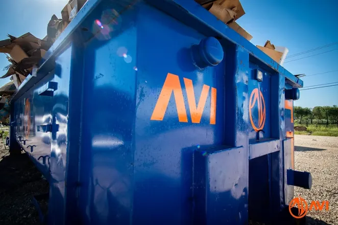 blue branded dumpster