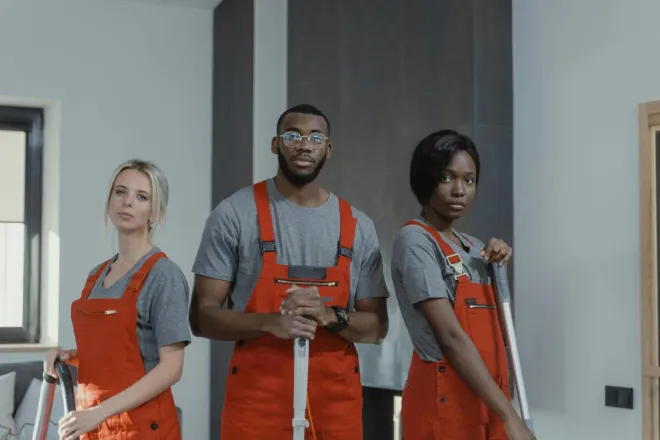 A diverse team of cleaning professionals in uniform posing in an indoor setting.