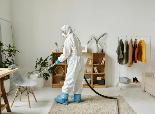 A worker in protective gear disinfecting a modern living room with a fogger.