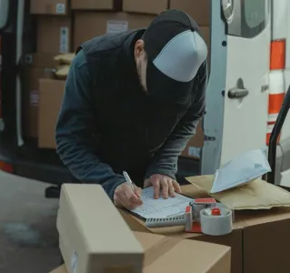 Courier organizing packages from a van, preparing for delivery in a logistics setting.