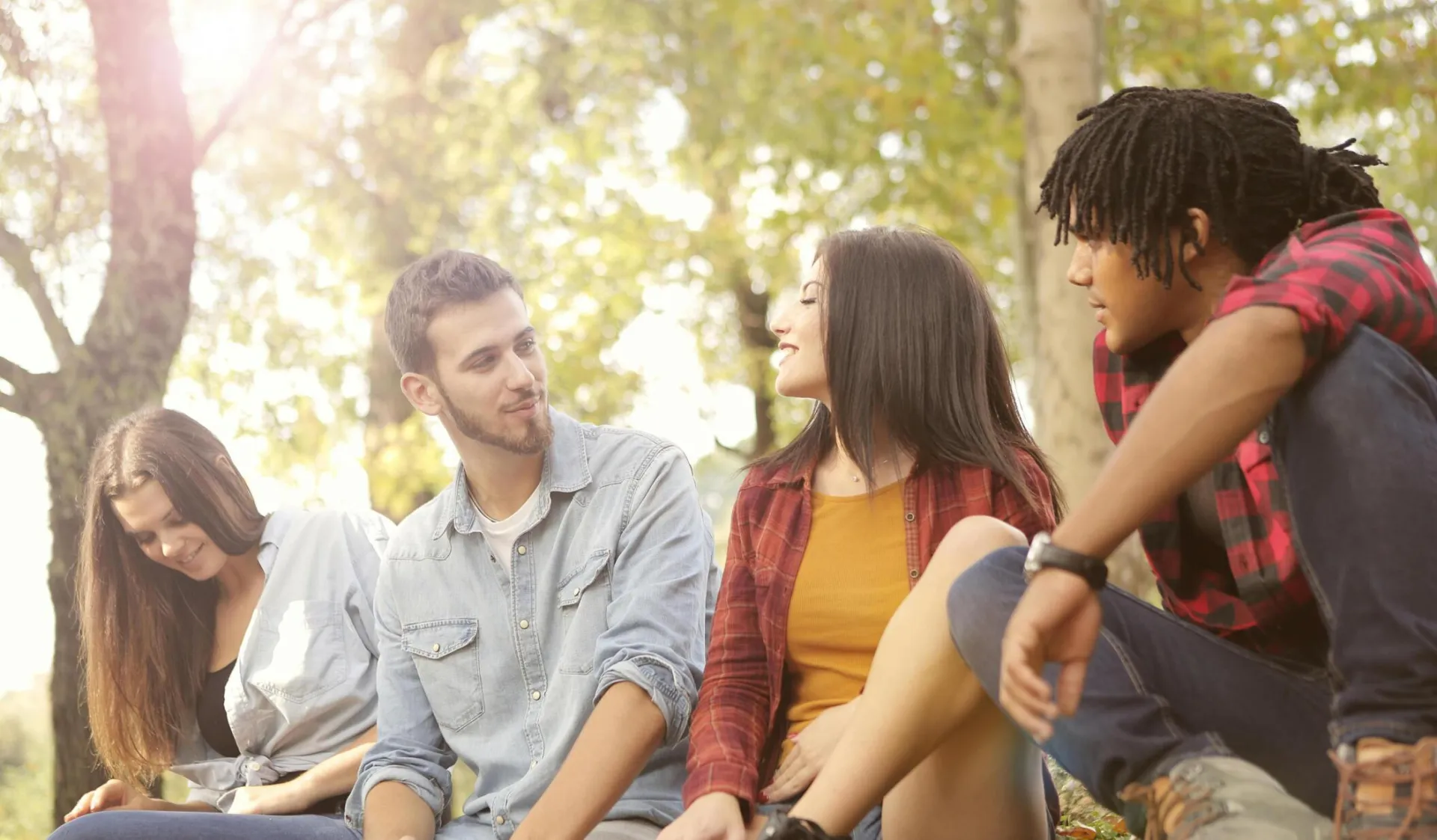 From below of diverse young people in casual clothes sitting on grass and talking