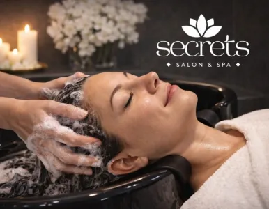 Close-up of a woman getting hair highlights with foil and dye brush.