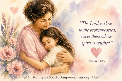A loving moment between mother and child surrounded by spring blooms outdoors.