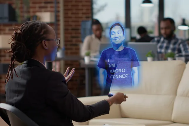 Woman speaking to a hologram of a Macro Connect IT support employee