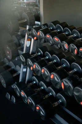A neatly arranged set of dumbbells in a fitness center gym, ideal for strength training.
