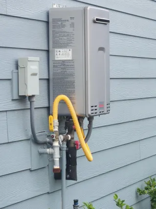 1 Tankless water heater mounted on side of wall.