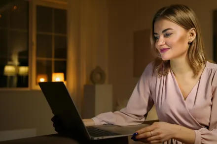 A woman browsing the internet on a laptop in a cozy indoor setting during the evening.