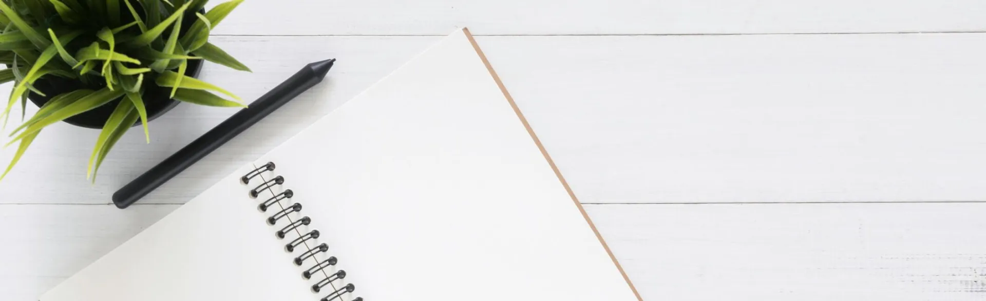 Open spiral notebook on white desk with black pen and green plant. Ideal for planning.