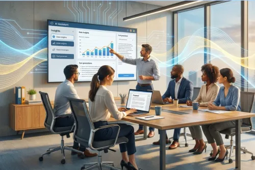 Smiling businessman in a corporate setting with charts. Professional and confident.