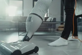 Person vacuuming a tiled floor with a modern appliance in a bright indoor setting.