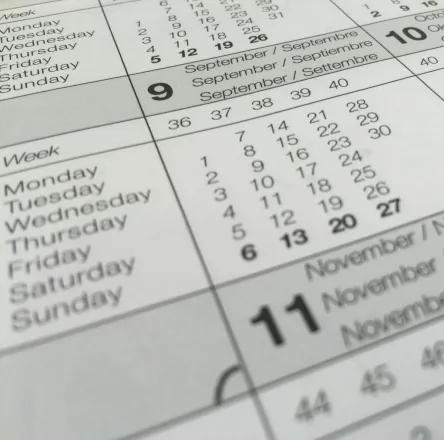 Detailed close-up of a calendar displaying months in several languages.