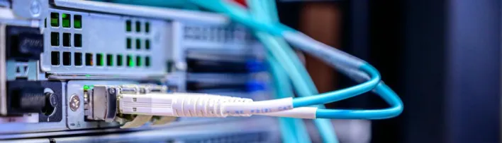Detailed shot of Ethernet cables connected to server ports highlighting technology infrastructure.