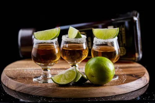 Close-up of three tequila shots on a wooden board with lime wedges and salt, perfect for cocktail moments.