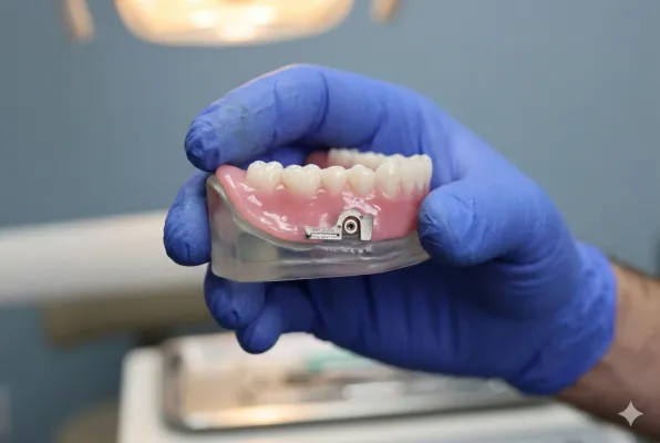 Dentist in gloves demonstrates dental care using a teeth model during an appointment.