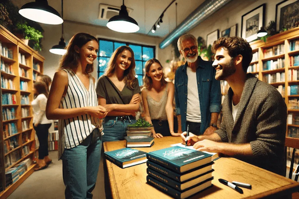 Smiling author signing books at a public event, engaging with readers.
