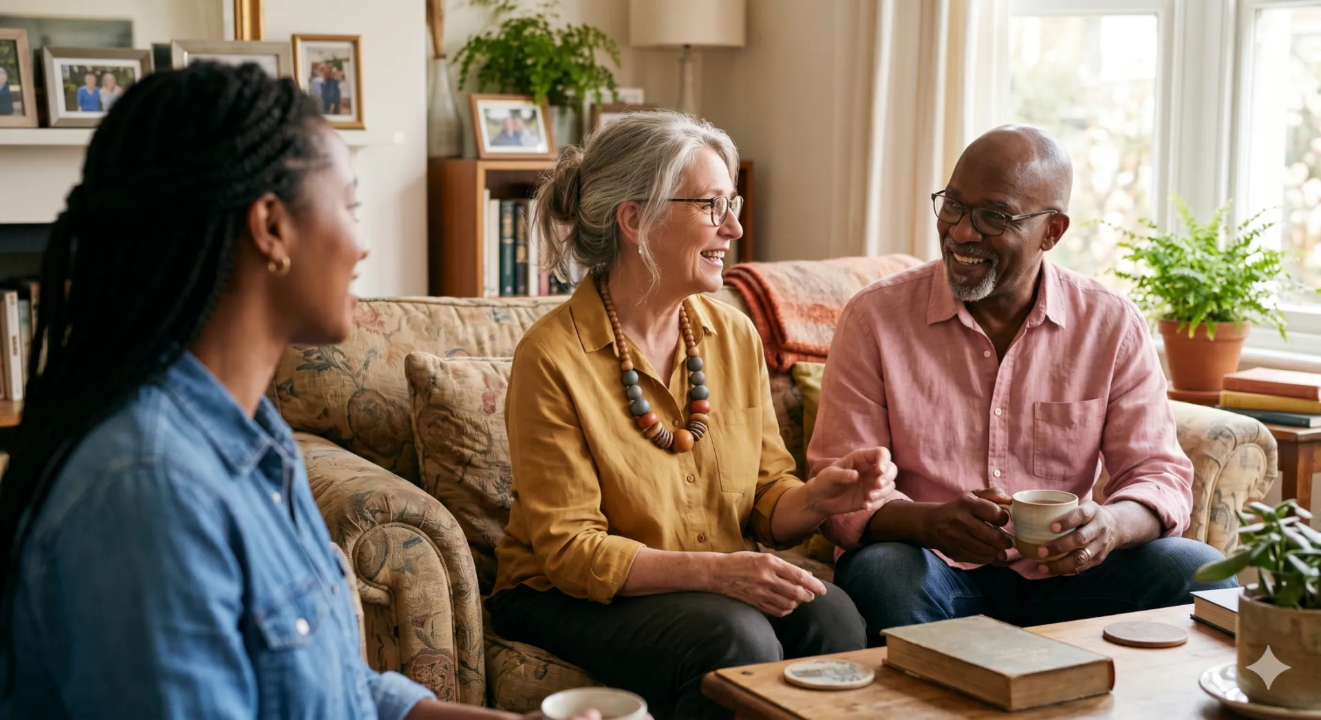 Senior woman checks man's blood pressure at home. Warm light, caring interaction.