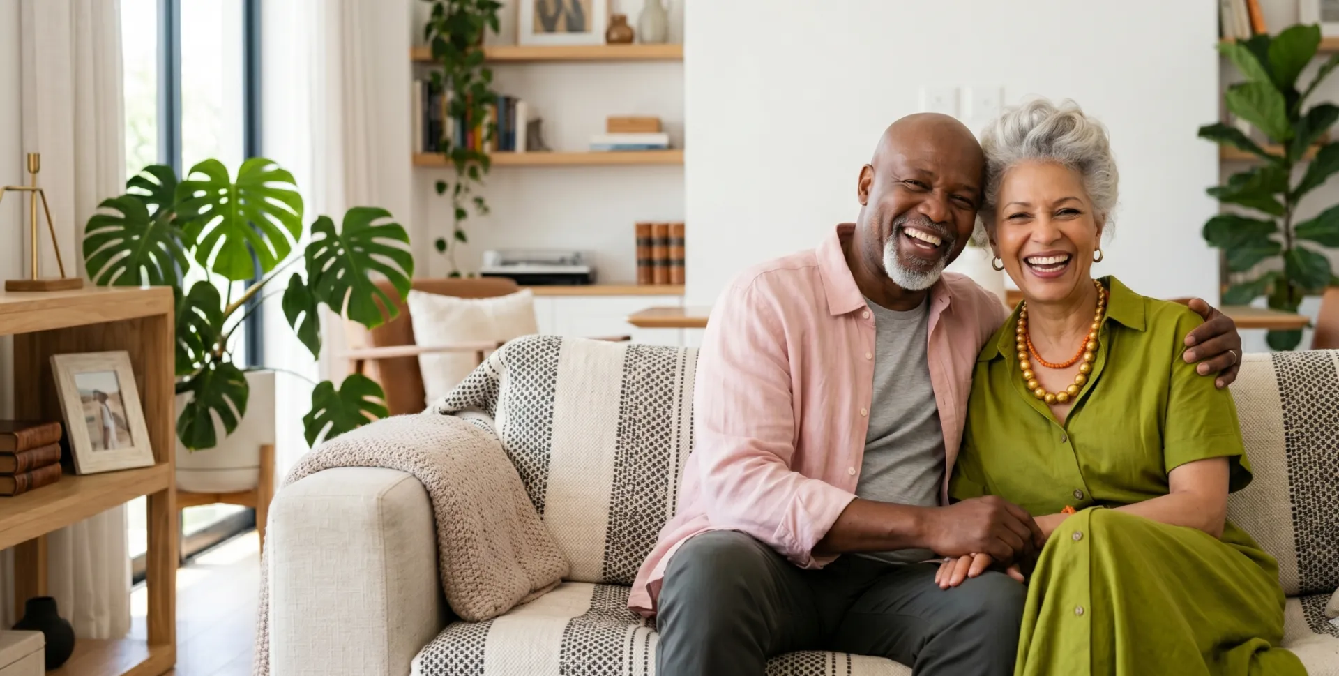 Elderly couple sitting together on a sofa, engaged in a warm conversation inside a well-lit room.