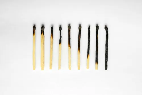 A row of partially burned matches on a white background, displaying a gradient of charring.