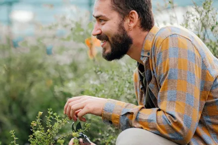 Side view of a happy male gardener tending plants with pruning shears in a vibrant green garden.