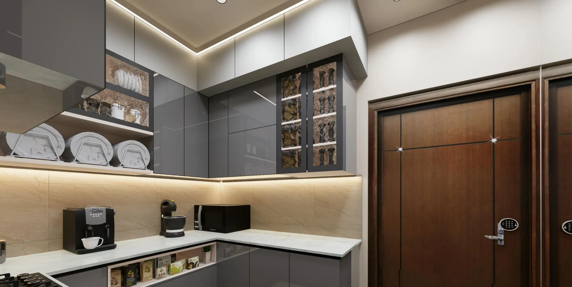 Contemporary kitchen with sleek cabinets and modern appliances.