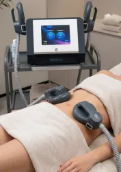 Hands applying electrotherapy pads on the back for muscle stimulation.