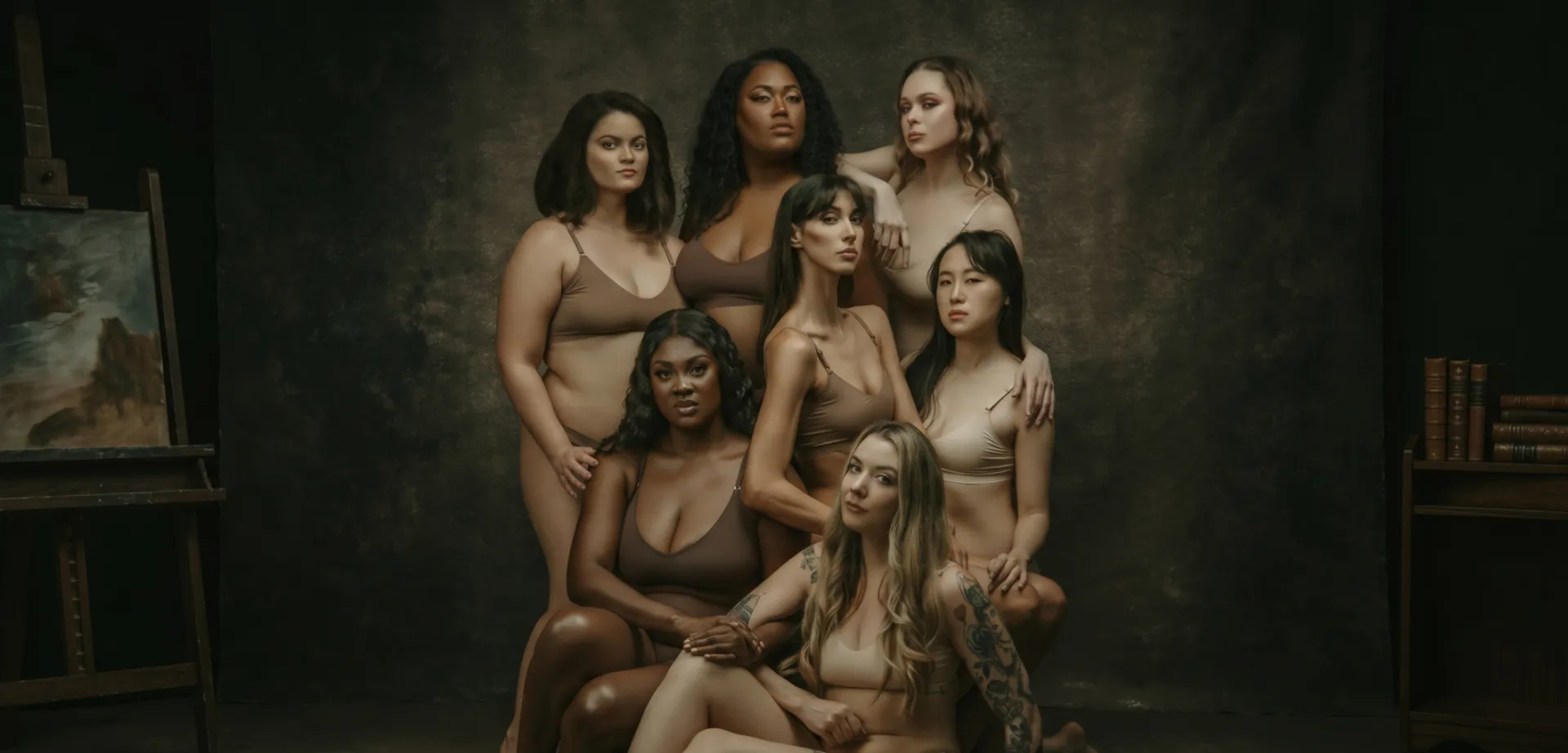 A diverse group of women portraying body positivity and diversity in an artistic studio setting.