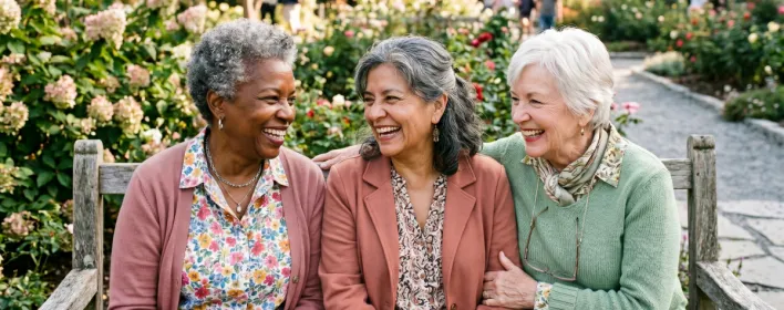 Elderly cheerful women with glasses of champagne smiling and chatting while celebrating special festive event