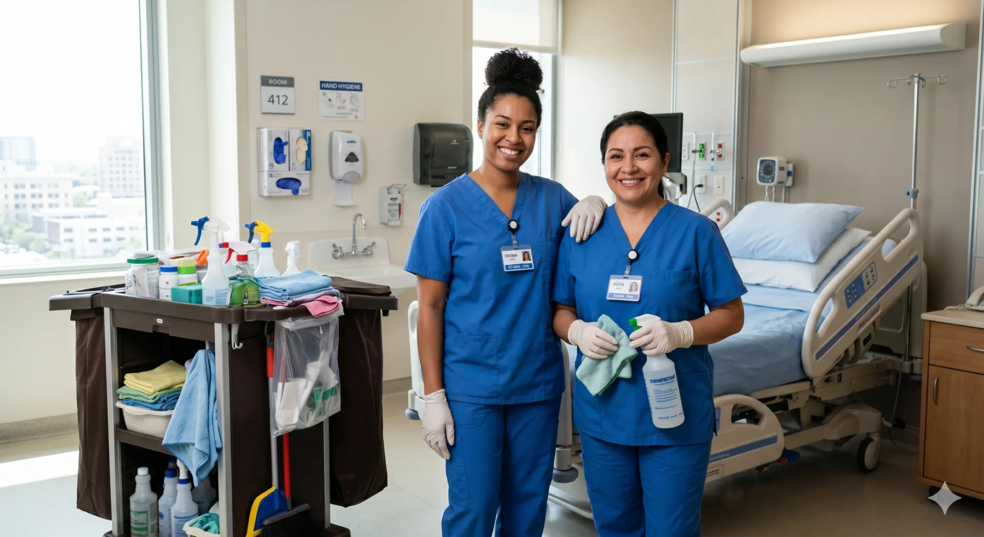Two female nurses in green scrubs smiling confidently in a hospital room. Professional healthcare workers.