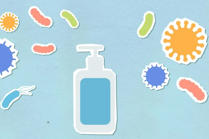 Paper cutout of medical antiseptic for health care on blue background with various types of viruses during dangerous disease outbreak