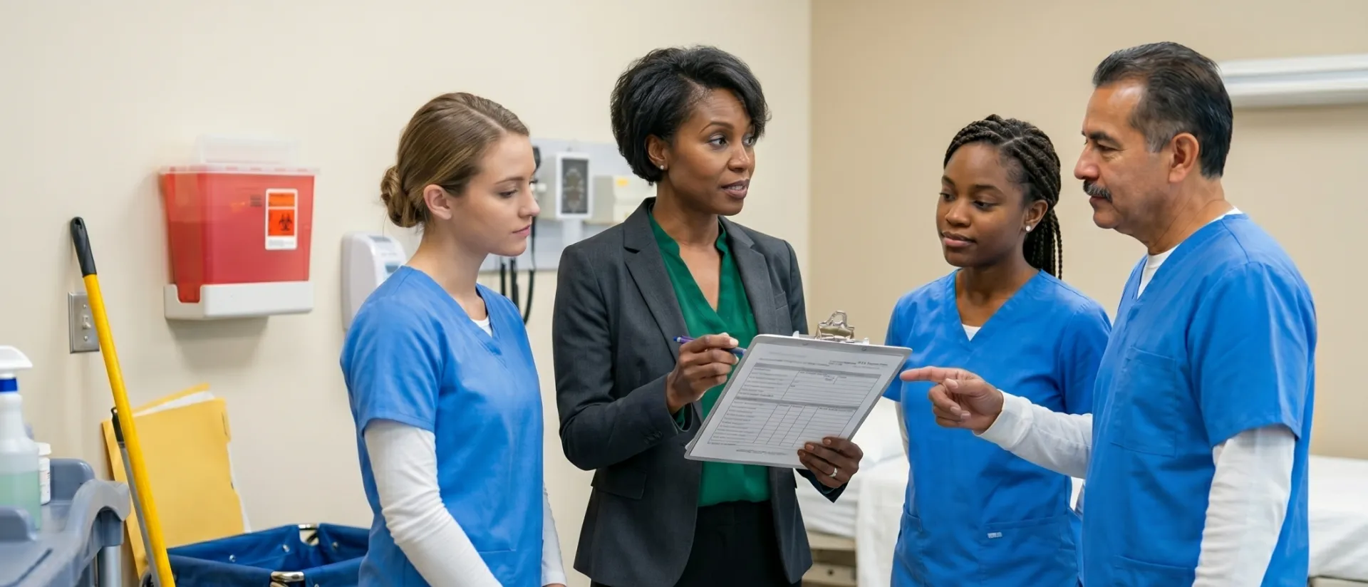 A doctor in scrubs consulting with a patient in a modern, indoor waiting area.