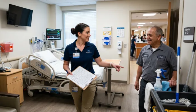 A surgeon in scrubs celebrates after a successful surgery in an operating room.