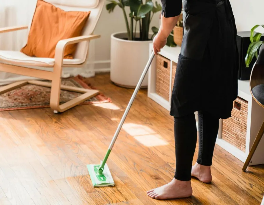 A woman mops the floor in a sunlit room with modern decor and indoor plants.