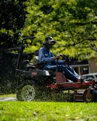 Person on a lawn mower cutting grass in a sunny, green park.