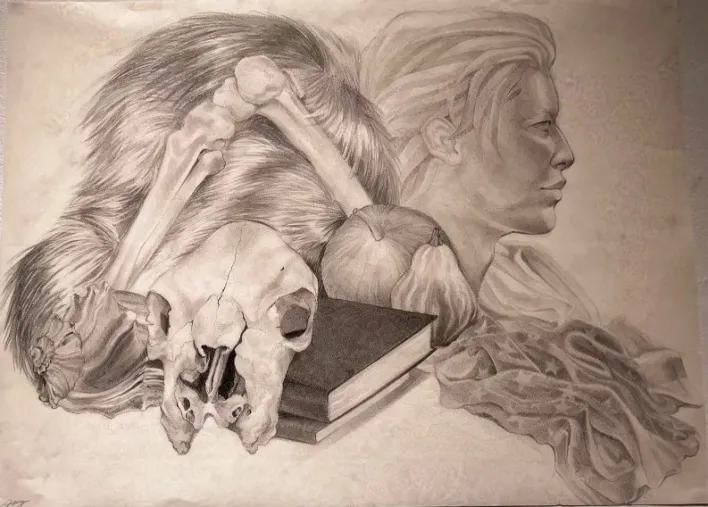"Still Life" by Sylvia Stepp — skull atop two books, bones, two gourds, a woman's face, sheer scarf with stars, and fur.