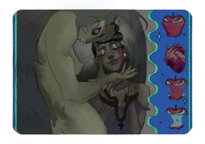 "Dora's Crossroad Deal" by Sylvia Stepp — demon holds a woman's face, she holds a cross, apples, heart stacked right.