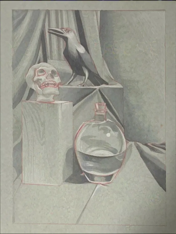 "Still Life - Skull, Crow and Bottle" by Sylvia Stepp — gray pencil with red outlines; water in bottle, draped stands.
