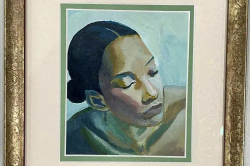 "Blue Monday" by Sylvia Stepp — painting of a woman in blue and green hues.
