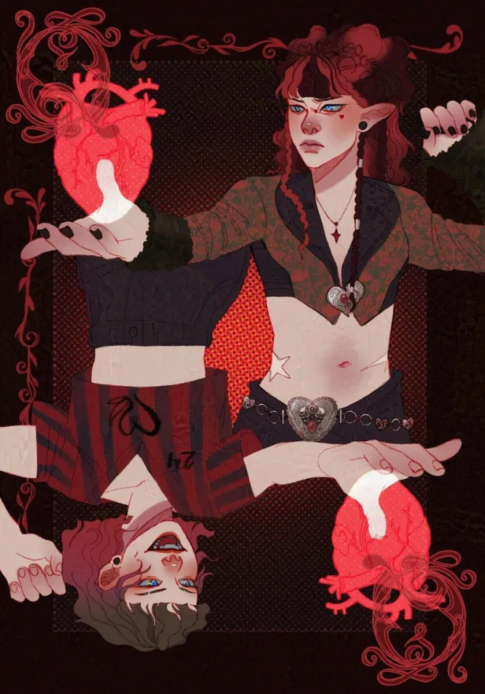 "Wonderland Card - Red Queen" by Sylvia Stepp — two Red Queens holding a transparent heart, one laughing, one serious.