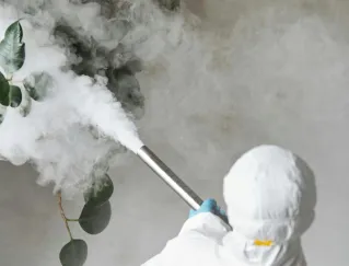 Person in protective gear fumigating an indoor plant, emitting smoke.