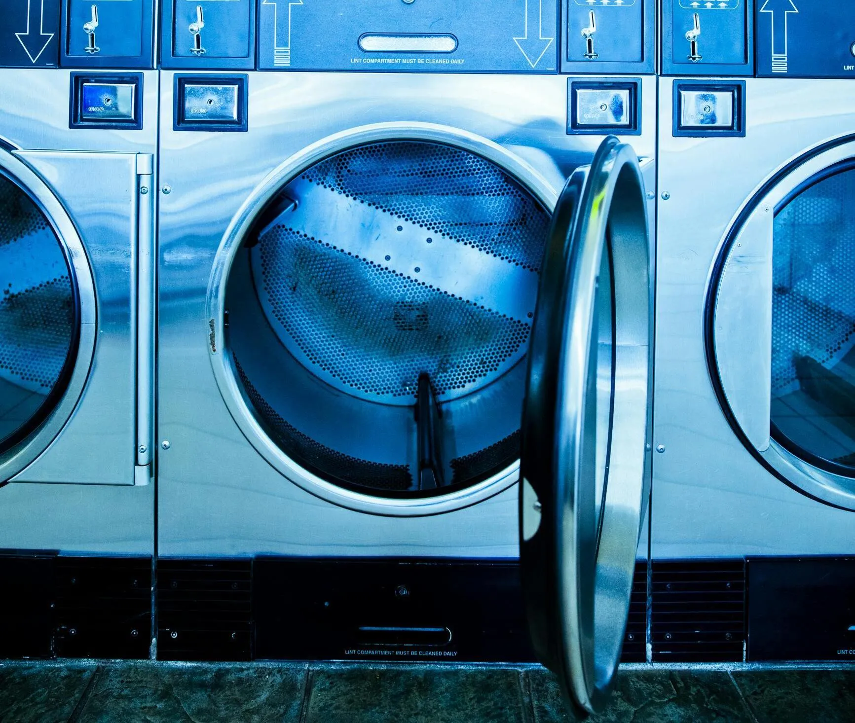 High-tech washing machines in a Los Angeles laundromat. Bright, contemporary look.