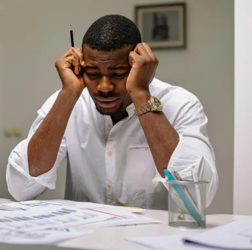 A worried businessman in corporate attire handling stress at his workspace.