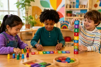 Group of children playing outdoors in summer wearing red hats, creating a joyful vibe.