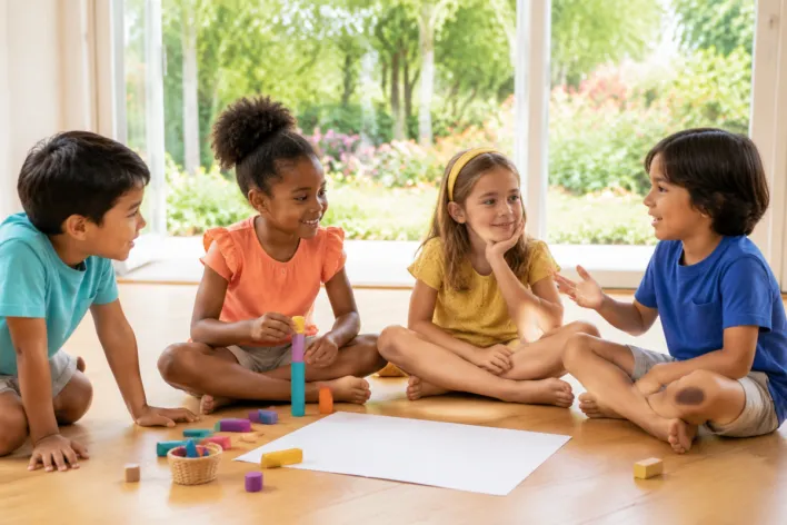 Group of children playing outdoors in summer wearing red hats, creating a joyful vibe.