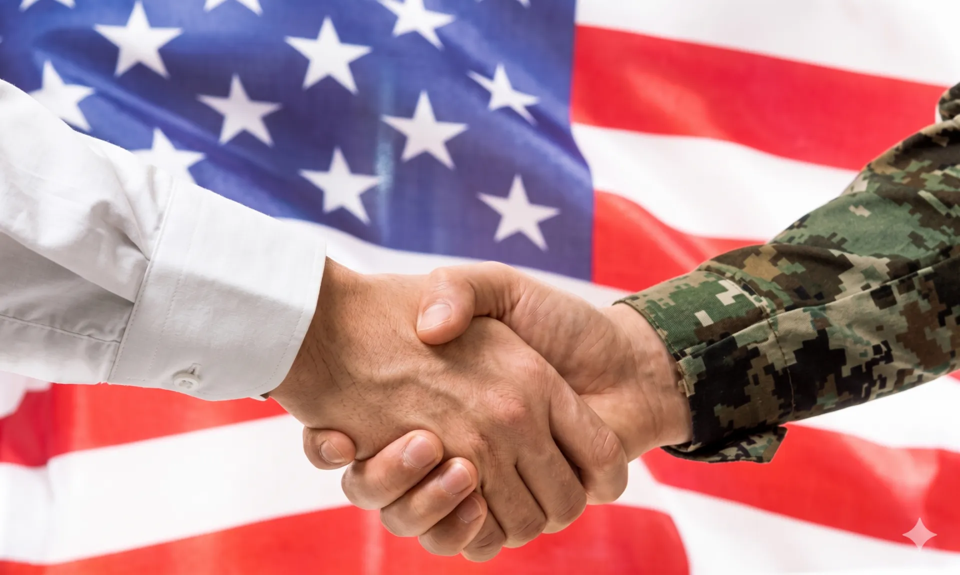 A Civilian hand reaching out and clasping a military hand signifying unity of purpose, mission, and one team one fight